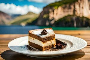 un' fetta di cioccolato torta su un' piatto con un' Visualizza di il mare. ai-generato foto