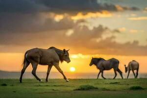 gnu a tramonto nel il serengeti nazionale parco. ai-generato foto