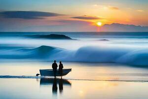 un' coppia nel un' barca su il spiaggia a tramonto. ai-generato foto