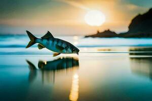 un' pesce è in piedi su il spiaggia a tramonto. ai-generato foto