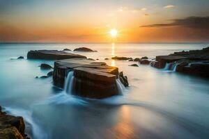 un' bellissimo tramonto al di sopra di il oceano con rocce e acqua. ai-generato foto