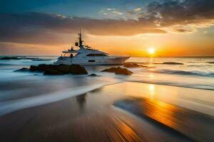 un' yacht è attraccato su il spiaggia a tramonto. ai-generato foto