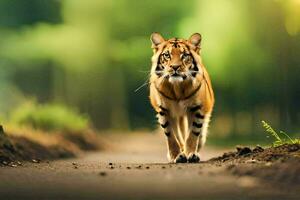 un' tigre a piedi giù un' strada nel il foresta. ai-generato foto