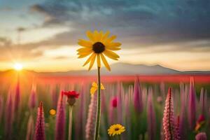 un' singolo giallo fiore sta su nel il mezzo di un' campo. ai-generato foto