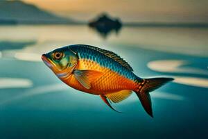 un' pesce è volante al di sopra di il acqua a tramonto. ai-generato foto
