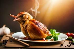 un' pollo è seduta su un' piatto con un' salsa. ai-generato foto