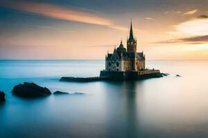 un' castello si siede su superiore di un' roccia nel il oceano. ai-generato foto