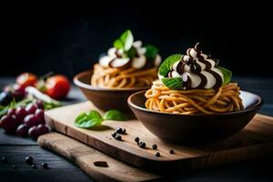 spaghetti con frustato crema e frutti di bosco su un' di legno tavola. ai-generato foto