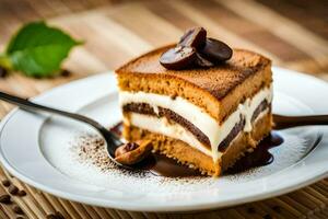 un' fetta di torta con cioccolato e caffè fagioli. ai-generato foto