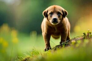 un' cucciolo è in piedi su un' roccia nel un' campo. ai-generato foto