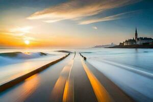 un' lungo esposizione fotografia di il oceano e un' Chiesa a tramonto. ai-generato foto