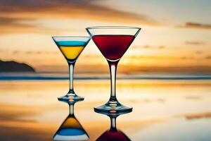 Due bicchieri di colorato cocktail su il spiaggia a tramonto. ai-generato foto