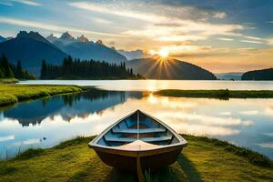 il barca è su il riva di un' lago con montagne nel il sfondo. ai-generato foto
