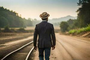 un' uomo nel un' completo da uomo e cappello a piedi su un' Ferrovia traccia. ai-generato foto