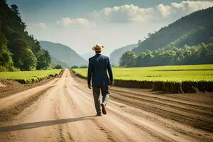 un' uomo nel un' completo da uomo e cappello a piedi giù un' sporco strada. ai-generato foto