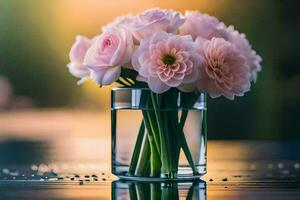rosa fiori nel un' bicchiere vaso su un' tavolo. ai-generato foto