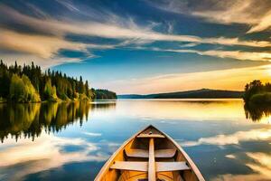 il barca è su il calma lago a tramonto. ai-generato foto