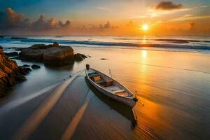 un' barca su il spiaggia a tramonto. ai-generato foto