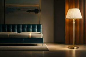un' moderno Camera da letto con un' blu letto e un' lampada. ai-generato foto