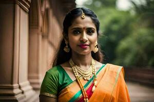 un' donna nel un arancia e verde sari. ai-generato foto