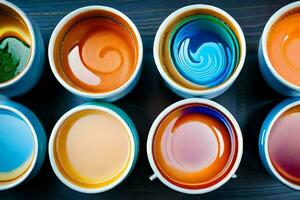 un' varietà di colorato liquido nel tazze. ai-generato foto