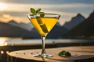 un' cocktail con un' verde contorno si siede su un' tavolo nel davanti di un' montagna. ai-generato foto