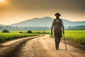 un' uomo a piedi giù un' sporco strada con canna. ai-generato foto