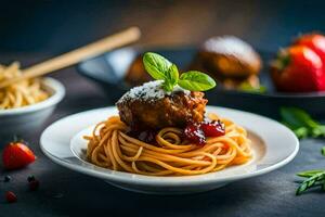 spaghetti con Polpette e frutti di bosco su un' piatto. ai-generato foto