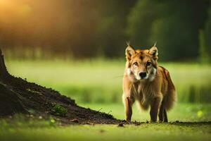 un' lupo è in piedi nel il erba vicino un' albero. ai-generato foto