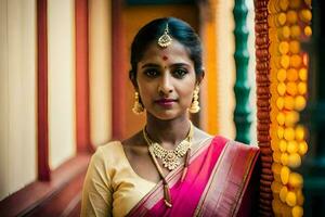 un' bellissimo indiano donna nel un' rosa sari. ai-generato foto