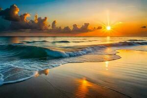 il sole sorge al di sopra di il oceano e onde su il spiaggia. ai-generato foto