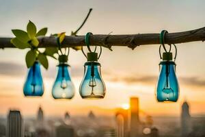 leggero bulbi sospeso a partire dal un' albero ramo con città orizzonte nel il sfondo. ai-generato foto