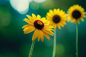 tre giallo fiori nel davanti di un' verde sfondo. ai-generato foto