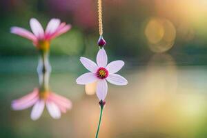 un' fiore sospeso a partire dal un' collana nel davanti di un' stagno. ai-generato foto