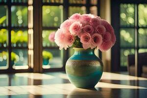 un' vaso pieno con rosa Rose seduta su un' tavolo. ai-generato foto