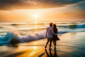 il coppia è a piedi su il spiaggia a tramonto. ai-generato foto