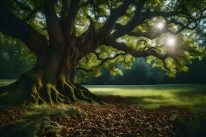 il sole brilla attraverso il le foglie di un vecchio quercia albero. ai-generato foto