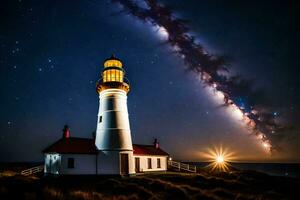 un' faro con stelle e latteo nel il cielo. ai-generato foto