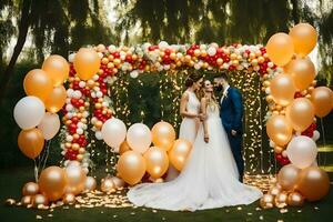 un' sposa e sposo in piedi nel davanti di un' Palloncino arco. ai-generato foto