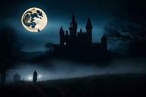 un' castello nel il nebbia con un' pieno Luna. ai-generato foto