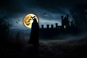 un' uomo nel un' mantello sta nel davanti di un' castello a notte. ai-generato foto