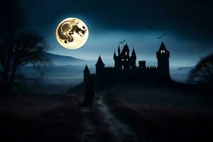 Halloween castello, castello, Luna, notte, Halloween, castello, Luna, notte. ai-generato foto