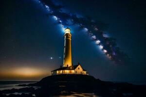 un' faro con un' luminosa leggero splendente al di sopra di il oceano. ai-generato foto