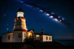 il latteo brilla brillantemente al di sopra di un' faro a notte. ai-generato foto