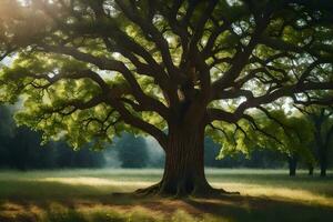 il sole brilla attraverso il le foglie di un' grande albero. ai-generato foto