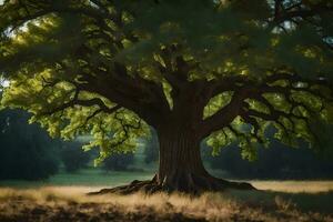 un' grande albero nel il mezzo di un' campo. ai-generato foto