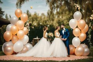 nozze coppia in piedi nel davanti di un' grande Palloncino arco. ai-generato foto