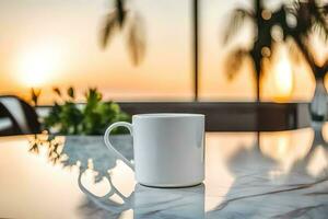 un' caffè tazza si siede su un' tavolo nel davanti di un' tramonto. ai-generato foto