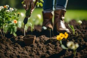 un' persona è piantare fiori nel un' giardino. ai-generato foto