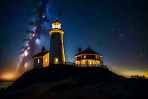 il latteo brilla brillantemente al di sopra di un' faro a notte. ai-generato foto